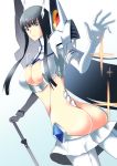 1girl armor artist_request ass back-seamed_legwear black_hair blue_eyes boots breasts cleavage cleavage_cutout female from_behind frown gloves highres junketsu katana kill_la_kill kiryuuin_satsuki large_breasts living_clothes long_hair looking_back looking_down noma_taoru revealing_clothes seamed_legwear skirt sparkle spikes sword thigh_boots thighhighs thong weapon