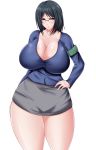 1girl black_hair blush breasts cleavage female glasses huge_breasts saogokushi skirt solo thick_thighs thighs tight