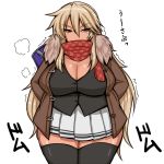  1girl black_legwear black_thighhighs blonde_hair breasts brown_eyes cleavage cold earrings fat female huge_breasts jewelry kurokagami_ryuuko legwear long_hair miniskirt muchigaku obese otogi_tetsurou scarf simple_background skirt solo standing thighhighs translated white_background wide_hips 