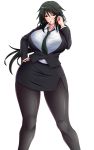  1girl bad_id black_hair black_legwear blush breasts brown_eyes cleavage curvy female formal hand_on_hip hand_to_head highres infinite_stratos jacket large_breasts long_hair looking_at_viewer miniskirt necktie open_mouth orimura_chifuyu pantyhose pencil_skirt saogokushi simple_background skirt skirt_suit solo suit thick_thighs thighs white_background wide_hips 