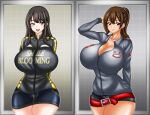  2_girls alluring big_breasts black_hair brown_eyes brown_hair cleavage engine_sentai_go-onger jacket pin_up rouyama_saki short skirt super_sentai sutou_miu treezero 