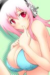  1girl bad_id bikini_top breasts bust finger_to_mouth headphones huge_breasts marugoshi_teppei nitroplus red_eyes sideboob solo sonico soniko super_sonico tsuge_(pixiv) upper_body 