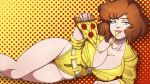 1girl april_o'neil big_breasts breasts brown_hair female_focus food looking_at_viewer pizza redaviant seductive_look teenage_mutant_ninja_turtles thick_thighs thighs