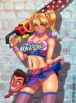  anasheya blonde_hair blue_eyes blush breasts chainsaw cheerleader clitoris drool juliet_starling kneehighs lollipop_chainsaw midriff nick_carlyle nipples nipples_through_clothes no_panties pigtails pubic_hair pussy skirt_lift 