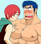 2boys bara blue_hair blush hair hand_on_another's_chest hand_on_chest male male_only multiple_boys muscle muscles red_hair redhead reverse_trap short_hair smile yaoi