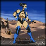  1girl big_breasts black_hair blue_eyes bouncing_breasts breasts cyborg_(designation) cyrax desert drawsputin edenian fight_pose gloves high_heels kitana legs light-skinned_female loop masked mortal_kombat mortal_kombat_3 neckline ninja stuck_in_sand thick_thighs thighs tied_hair 