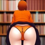  ai_generated ass ass_focus assofgoddess big_ass blurry blurry_background blurry_foreground bookshelf clothed_female depth_of_field facing_away female female_focus female_only from_behind indoors orange_hair orange_panties orange_skirt orange_sweater panties scooby-doo short_hair skirt solo solo_female solo_focus table tagme teen underwear velma_dinkley 