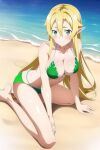  alluring bare_legs beach big_breasts bikini blonde_hair duderu green_eyes grin leafa ocean on_knees sea sword_art_online wet 