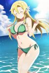  alluring beach big_breasts bikini blonde_hair closed_eyes duderu grin leafa ocean sea sword_art_online wet 