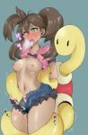  1girl ahegao blush boy_(badboy3316) breasts dark_skin female fucked_silly green_eyes highres pokemon pokemon_(game) pokemon_xy pussy pussy_juice restrained saliva sana_(pokemon) shauna shirt_lift shuckle small_breasts sweat tentacle tongue 