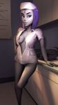  1girl 3d bottomless breast_slip breasts cosplay dc_comics grey_skin looking_at_viewer medium_breasts navel nipple nipple_slip nurse nurse_cap nurse_uniform open_clothes purple_eyes purple_hair pussy rachel_roth raven_(dc) shirosfm short_hair source_filmmaker tagme teen_titans 