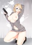  1girl big_breasts blonde_hair blue_eyes breasts breasts_outside dead_rising dead_rising_1 earrings glasses gun handgun high_heels highres jessica_mccarney jewelry large_breasts lips loyproject miniskirt navel nipples no_bra no_panties one_knee pistol pussy short_hair skirt solo trigger_discipline uncensored weapon 