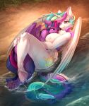 2017 2girls anthro areola breasts cutie_mark david_delanty duo equine feathered_wings feathers female female_only friendship_is_magic furry hair high_res horn longinius lying mammal multicolored_hair my_little_pony nipples nude one_eye_closed outside princess_celestia purple_feathers source_request together twilight_sparkle water wet white_feathers winged_unicorn wings