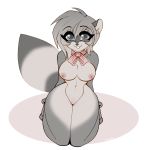  1girl 1girl anthro barely_visible_genitalia barely_visible_pussy breasts chococosalo curvaceous furry kneel looking_at_viewer mammal nipples procyonid pussy raccoon smile thick_thighs wide_hips 