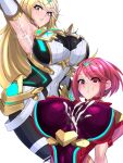  2_girls 2girls alluring big_breasts blonde_hair cleavage core_crystal cum cum_on_breasts cum_on_face mythra nintendo posing pyra_(xenoblade) red_eyes red_hair shiva_(artist) tagme xenoblade_(series) xenoblade_chronicles_2 yellow_eyes 