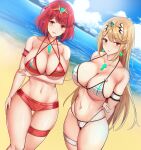  2_girls alluring beach big_breasts bikini blonde_hair gold_eyes hair_ornament mythra nintendo nipples noeomi ponchocop pyra red_eyes red_hair xenoblade_(series) xenoblade_chronicles_2 