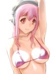 1girl armpits bikini breasts bust headphones large_breasts long_hair looking_at_viewer nitroplus pink_eyes pink_hair sketch smile solo super_sonico swimsuit tareme ueyama_michirou upper_body