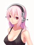 1girl bad_id bare_shoulders breasts bust cleavage collarbone colored_eyelashes fkey hair_between_eyes headphones highres lips long_hair looking_at_viewer nitroplus pink_hair red_eyes shiny shiny_skin simple_background sleeveless solo super_sonico upper_body white_background