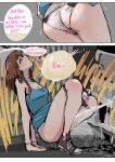 1girl ass biku blue_dress blush bow bow_panties breasts brown_hair cleavage clothes_lift dress dress_lift have_to_pee high_res jewelry kneel mother_(biku) necklace original panties panty_pull peeing shoes sneakers speech_bubble squatting sweat two-tone_panties underwear white_panties