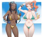  2_girls aqua_eyes beach big_breasts bikini blue_eyes blue_hair blush breasts chocolate_and_vanilla cleavage curvy_figure dark-skinned_female dark_skin earrings eye_contact female_only g-string gloves green_eyes hair_ornament hand_on_hip handplug hoop_earrings huge_breasts long_hair looking_at_viewer nail_polish navel navel_line nessa_(pokemon) nintendo orange_hair pokemon pokemon_ss ponytail popsicle shiny_skin side_ponytail sideboob sonia_(pokemon) standing string_bikini sunglasses sunglasses_on_head thick_thighs thighs 