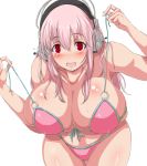 1girl bikini blush breasts front-tie_top headphones huge_breasts leaning_forward long_hair looking_at_viewer nitroplus open_mouth pink_hair plump ponzu_yuki red_eyes sayaka_haore_no_yome sayakahaorenoyome simple_background solo super_sonico swimsuit untied white_background