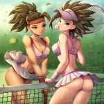 2_girls ass black_hair breasts brown_eyes caulifla dragon_ball dragon_ball_super kale long_hair miniskirt smile tennis tennis_ball tennis_racket underwear upskirt visor_cap