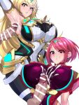  2girls alluring big_breasts blonde_hair cleavage core_crystal cum cum_on_breasts cum_on_face ejaculation mythra nintendo penis posing pyra_(xenoblade) red_eyes red_hair shiva_(artist) tagme xenoblade_(series) xenoblade_chronicles_2 yellow_eyes 