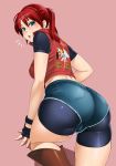 ass blue_eyes blush cameltoe claire_redfield ecchi female pink_background red_hair resident_evil resident_evil_2 shorts tagme