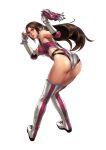  1girl adjusting_eyewear alluring alternate_costume ass bare_shoulders big_breasts black_panties boots breasts brown_eyes brown_hair cable elbow_gloves elbow_pads entangled eyewear fingerless_gloves gloves high_res jaycee jaycee_(tekken) julia_chang junny leotard long_hair looking_at_viewer microphone namco official_art panties pinky_out pointing purple_leotard shoulder_pads simple_background stockings tekken tekken_tag_tournament_2 thigh_high_boots underwear wrestling_outfit xwf 