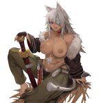 1:1_aspect_ratio 1girl abs animal_ear_fluff animal_ears bare_shoulders barefoot big_breasts black_gloves black_jacket breasts choker clavicle dark-skinned_female dark_skin eyepatch fangs feet female_only female_pubic_hair fingerless_gloves fur-trimmed_jacket fur_trim ghislaine_dedoldia ghyslaine_dedorudia gloves high_resolution holding holding_sword holding_weapon jacket lan_xiezi large_filesize long_hair mushoku_tensei:_isekai_ittara_honki_dasu nipples open_mouth pubic_hair red_choker red_eyes scar scar_on_stomach sitting solo_female sword tail tanned teeth toes very_high_resolution weapon white_pubic_hair