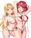 2_girls alluring big_breasts bikini blonde_hair gold_eyes half-dressed mythra pussy pyra red_eyes red_hair simple_background taken_from_behind white_background xenoblade_(series) xenoblade_chronicles_2