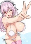  1girl areola_slip areolae bikini bikini_top breasts cleavage headphones konoma large_breasts long_hair miyamoto_issa nitroplus one_eye_closed open_mouth pink_eyes pink_hair pink_legwear side-tie_bikini smile solo super_sonico swimsuit thighhighs v wink 