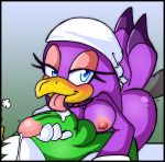 ass avian bandanna beak bird blue_eyes blush breasts cum cum_drip dripping eye_contact fellatio female furry green green_body hetero jet_the_hawk licking licking_penis looking_at_viewer male male/female nipples oral oral_sex penis penis_lick purple purple_body sega sex sonic sonic_(series) sonic_riders swallow_(bird) testicles tongue unknown_artist wave_the_swallow