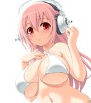 1girl bikini blush breasts extraction hand_on_own_chest headphones large_breasts long_hair nitroplus pink_hair red_eyes solo sonico soniko super_sonico super_soniko swimsuit transparent_background underboob wet