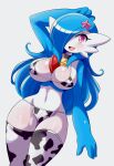 bikini blue_hair cow_bikini cow_print gardevoir hair_ornament half-dressed pokemon pokemon_ruby_sapphire_&_emerald purple_eyes white_background