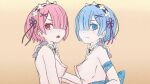 16:9_aspect_ratio 1girl 2_girls blue_eyes blue_hair breasts bukkakefactory gif gift_wrapping maid maid_headdress multiple_girls nipples pink_eyes pink_hair ram_(re:zero) re:zero_kara_hajimeru_isekai_seikatsu rem_(re:zero)