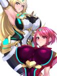  2girls alluring big_breasts blonde_hair cleavage core_crystal mythra nintendo posing pyra_(xenoblade) red_eyes red_hair shiva_(artist) xenoblade_(series) xenoblade_chronicles_2 yellow_eyes 