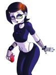  1girl alternate_hairstyle ben_10 black_hair breasts cartoon_network edit female_only glasses goth green_eyes gwen_tennyson lipstick makeup medium_breasts navel navel_piercing pants short_hair sitting slashysmiley stockings thighs thong 