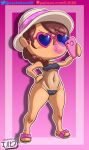 1boy animal_crossing animal_crossing_boy bikini breasts brown_hair bubble_gum cellphone digital_media_(artwork) flip_flops glasses gris_swimsuit hat jackintaro male_only nintendo pink_background simple_background summer swimsuit translucent translucent_clothing villager_(animal_crossing)