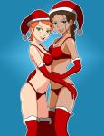  2_girls avatar:_the_last_airbender ben_10 bikini blue_eyes boots breasts brown_hair christmas christmas_outfit crossover dark_skin female_only gloves green_eyes gwen_tennyson hair hat headgear hug hugging katara long_hair multiple_girls open_mouth orange_hair pervyangel santa_boots santa_hat short_hair swimsuit yuri 