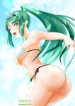  1girl :d alluring alternate_costume bangs big_breasts bikini breasts chest_jewel cleavage cowboy_shot day green_eyes green_hair high_res long_hair nayuta-kanata nayuta-knt nintendo open_mouth outside pneuma_(xenoblade) sky smile splashing strapless strapless_bikini swept_bangs swimsuit thigh_strap tiara water white_bikini xenoblade_(series) xenoblade_chronicles_2 