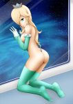  ass blonde_hair breasts crown elbow_gloves gloves hair_over_one_eye kneeling lalox mario_(series) nintendo princess_rosalina rosalina_(mario) rosetta_(mario) sling_bikini stockings super_mario_bros. super_mario_galaxy swimsuit thighhighs 