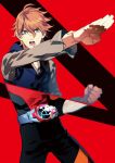  1boy belt hair hazama_masayoshi henshin henshin_pose highres light_brown_hair looking_at_viewer male masayoshi_hazama official_art red_background samurai_flamenco samurai_flamenco_(character) solo superhero two-tone_background 