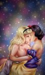 2girls black_hair blonde_hair breasts cleavage crossover disney hair kiss kissing love multiple_girls princess princess_aurora princess_snow_white sleeping_beauty snow_white_and_the_seven_dwarfs yeaka yuri