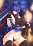 1girl bare_shoulders blue_eyes blue_hair breasts covered_nipples erect_nipples female fishnet_legwear fishnets haganef highleg highleg_panties highres huge_breasts katana long_hair mitsurugi_meiya muvluv muvluv_alternative navel ninja panties shuriken smile solo sword thighhighs underwear very_long_hair weapon