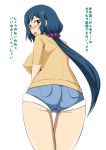  1girl ass blue_hair denim denim_shorts female gundam gundam_build_fighters iori_rinko long_hair milf ponytail shorts solo zerosu_(take_out) 