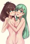 2girls blush breasts brown_hair female green_eyes green_hair hair hair_ornament hairclip hand_holding highres hiruno holding_hands kantai_collection kumano_(kantai_collection) long_hair looking_at_viewer multiple_girls nipples nude personification ponytail suzuya_(kantai_collection) yuri