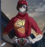  1boy belt gloves goggles hand_on_hip hands_on_hips hazama_masayoshi helmet high_res looking_at_viewer male male_focus masayoshi_hazama pose samurai_flamenco samurai_flamenco_(character) scarf solo_male superhero white_gloves 