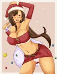 1girl alluring arm_warmers armpits arms_up bad_id bag bare_shoulders belt blush breasts brown_hair candy christmas cleavage detached_sleeves earrings erect_nipples female final_fantasy final_fantasy_vii happy hat jewelry large_breasts long_hair materia midriff miniskirt momo_765 nipples open_mouth panties pantyshot pencil_skirt red_eyes rirakukan sack santa_costume santa_hat skirt smile solo strapless tifa_lockhart tubetop underwear upskirt white_panties