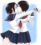  2girls aqua_eyes arm_grab arm_holding black_hair blush closed_eyes female green_eyes hair holding_arm hug hugging kiss kissing maruuchi_shouko minu multiple_girls nezu_miko sayonara_zetsubou_sensei school_uniform serafuku short_hair surprise_kiss surprised waist_hold yuri 